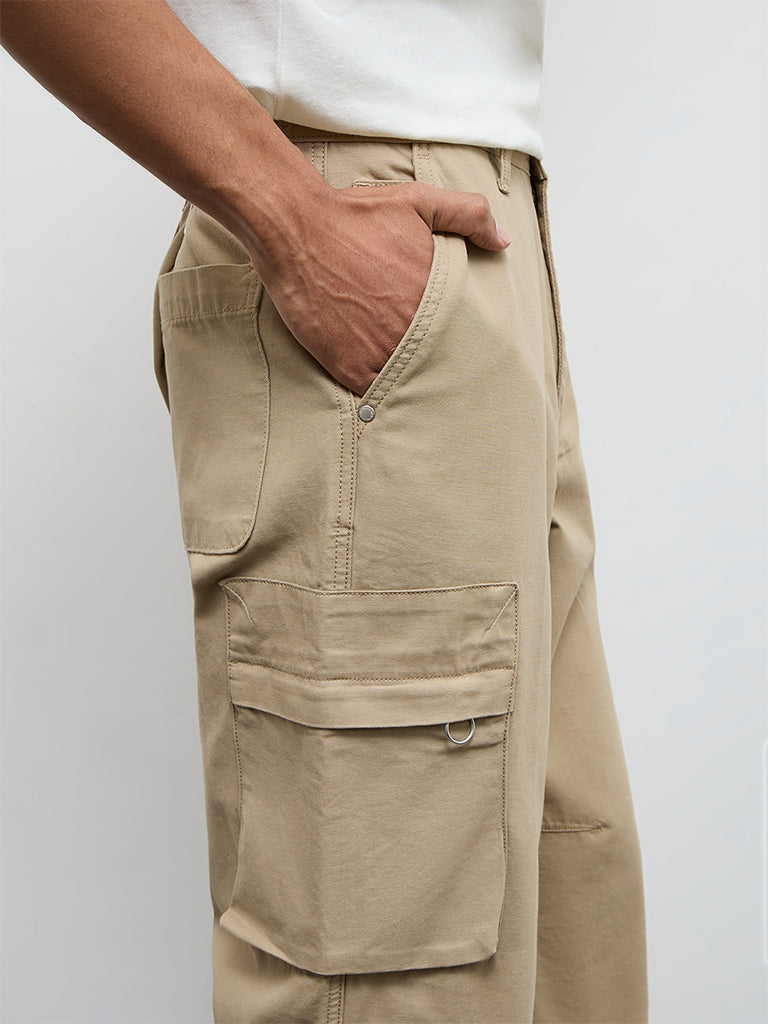 Nuon Beige Relaxed-Fit Mid-Rise Cotton Cargo Pants