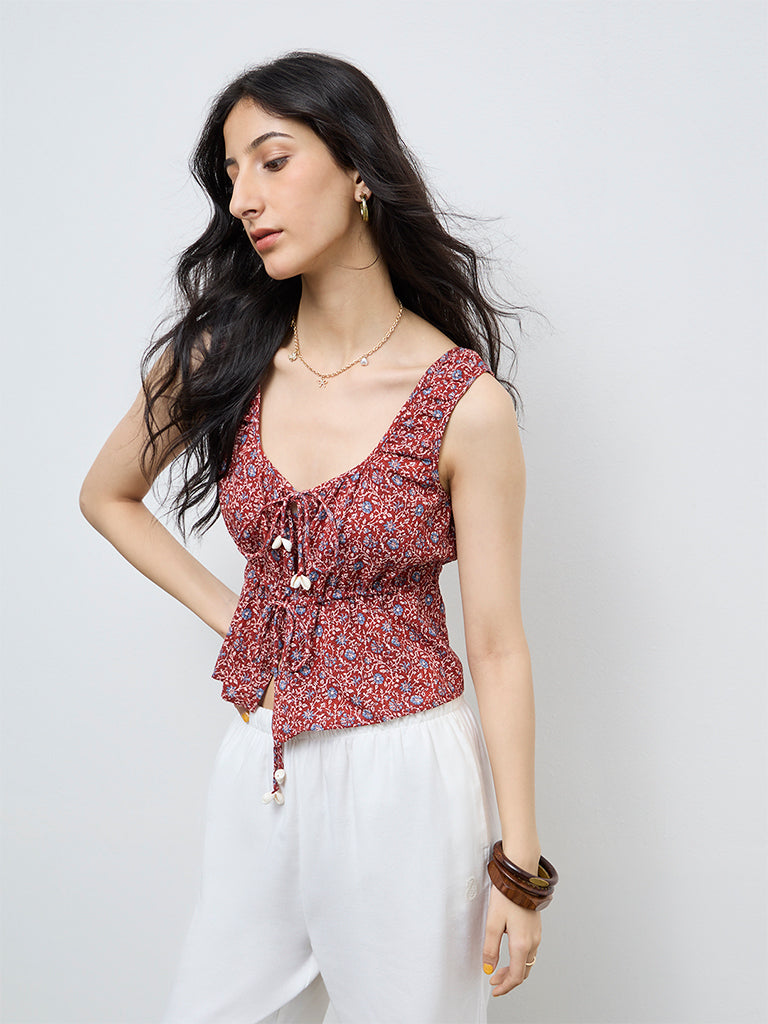 Bombay Paisley Red Floral Pattern Tie-Up Cotton Top