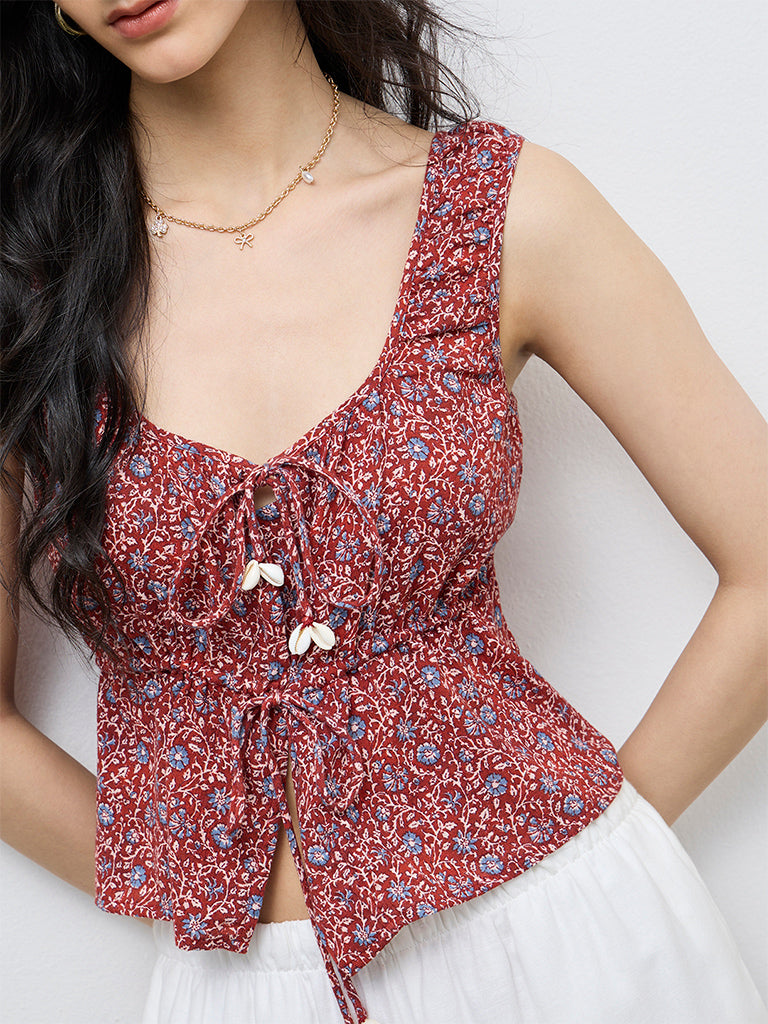 Bombay Paisley Red Floral Pattern Tie-Up Cotton Top