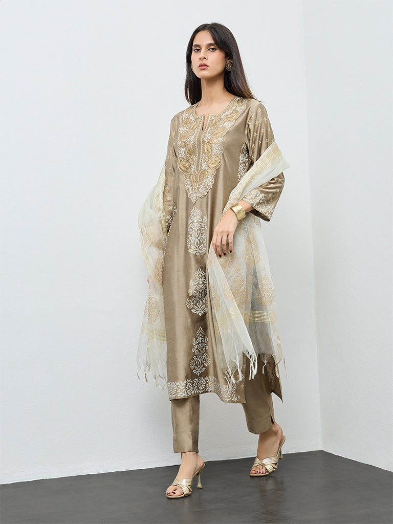 Vark Beige Embroidered A-Line Ethnic Set