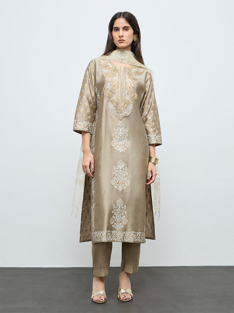 Vark Beige Embroidered A-Line Ethnic Set