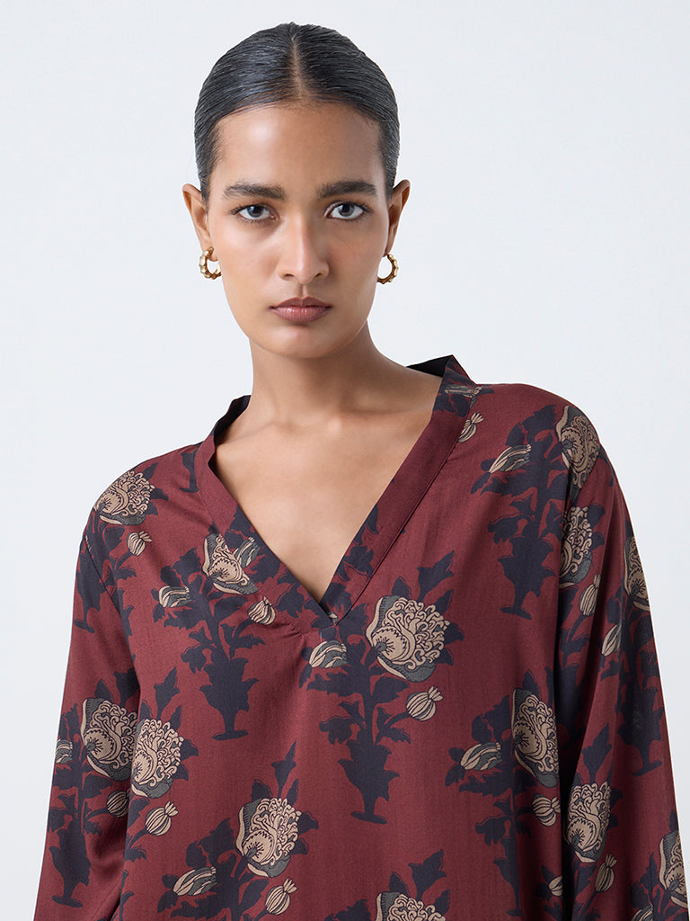 Zuba Brown Floral Pattern A-Line Kurta