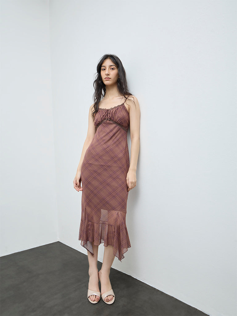 Nuon Brown Checks Detailed Bodycon Mesh Dress