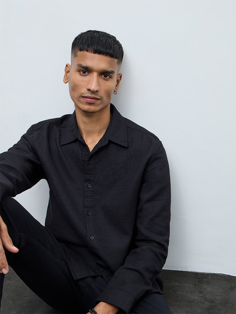 ETA Black Solid Relaxed-Fit Cotton Shirt