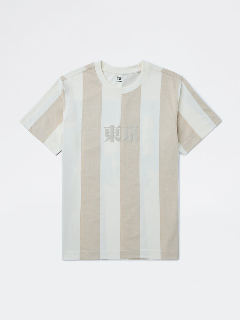 Y&F Kids Boys Beige Striped Pattern Cotton T-Shirt