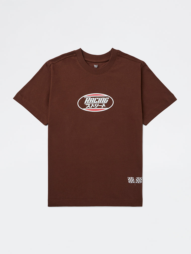 Y&F Kids Boys Brown Race-Inspired Printed Cotton T-Shirt