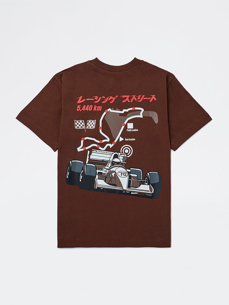 Y&F Kids Boys Brown Race-Inspired Printed Cotton T-Shirt