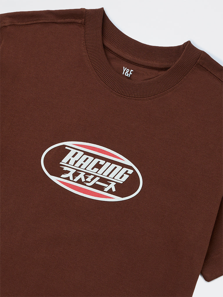 Y&F Kids Boys Brown Race-Inspired Printed Cotton T-Shirt