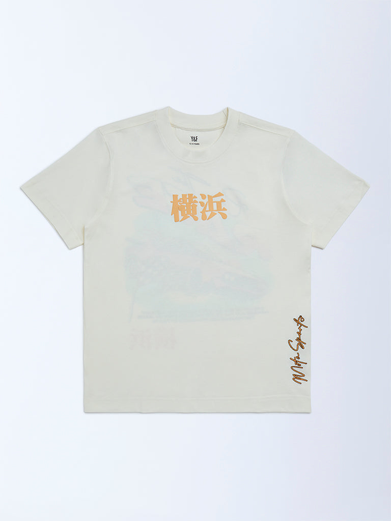 Y&F Kids Boys Off-White Printed Cotton T-Shirt