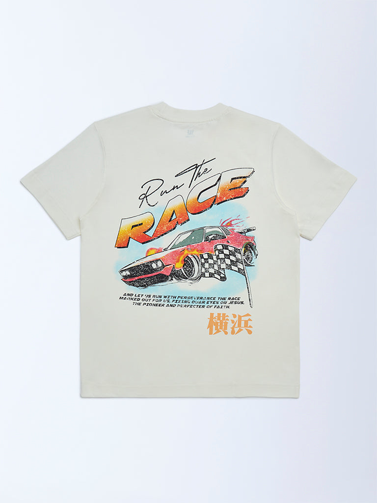 Y&F Kids Boys Off-White Printed Cotton T-Shirt