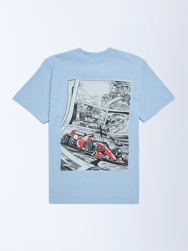 Y&F Kids Boys Blue Printed Cotton T-Shirt