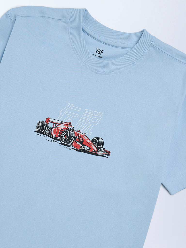 Y&F Kids Boys Blue Printed Cotton T-Shirt
