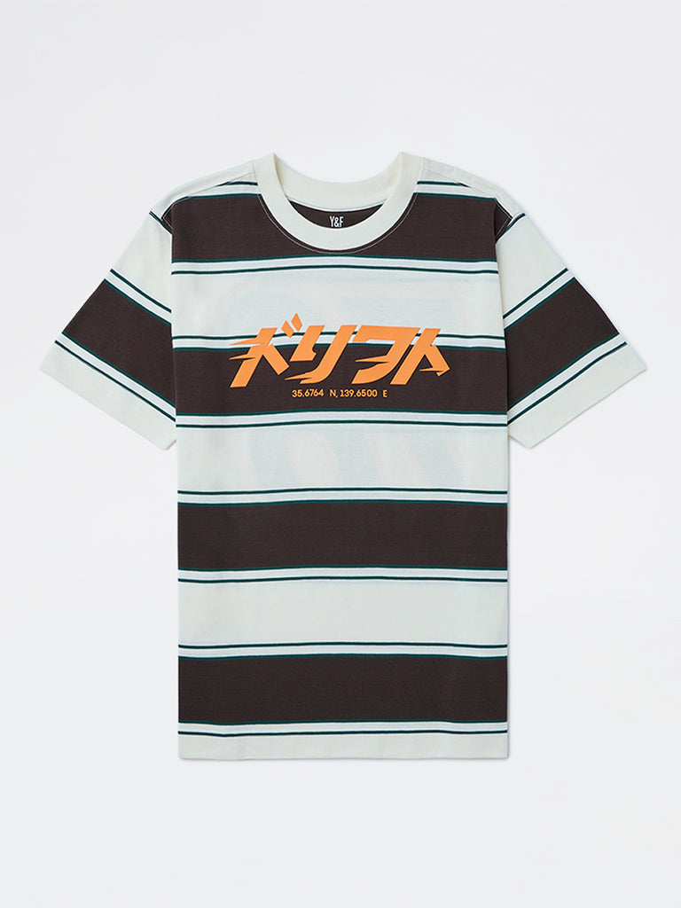 Y&F Kids Boys Brown Striped Cotton T-Shirt