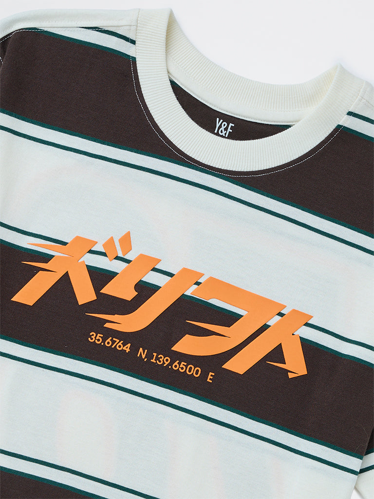 Y&F Kids Boys Brown Striped Cotton T-Shirt