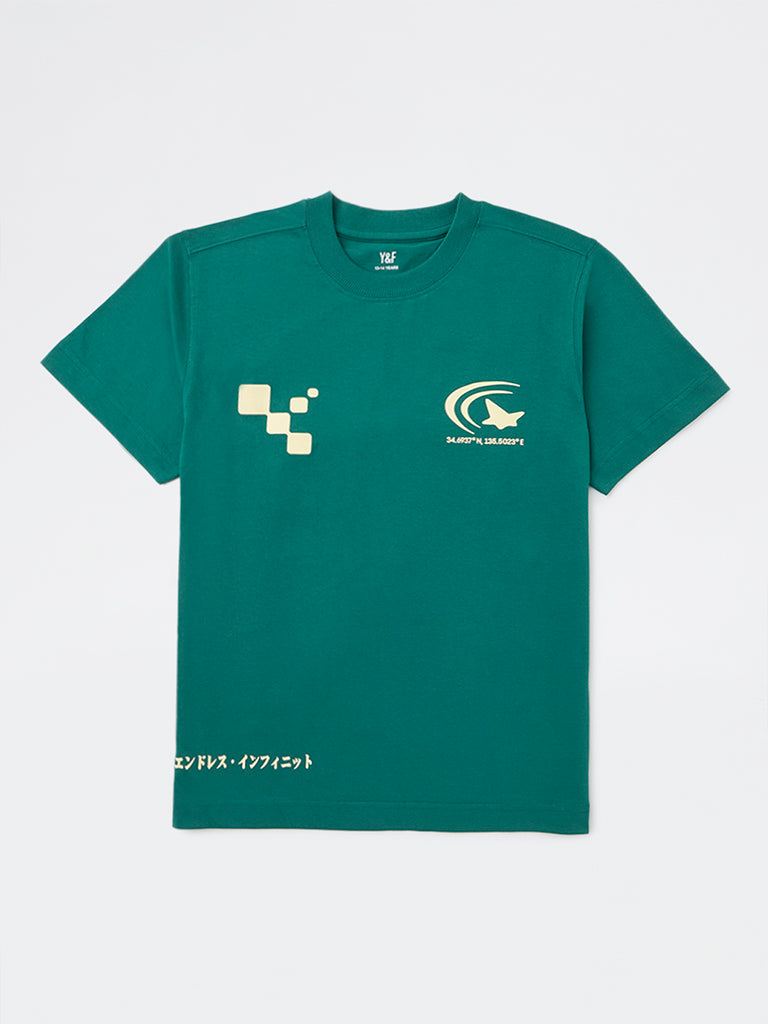 Y&F Kids Boys Green Graphic Printed Cotton T-Shirt