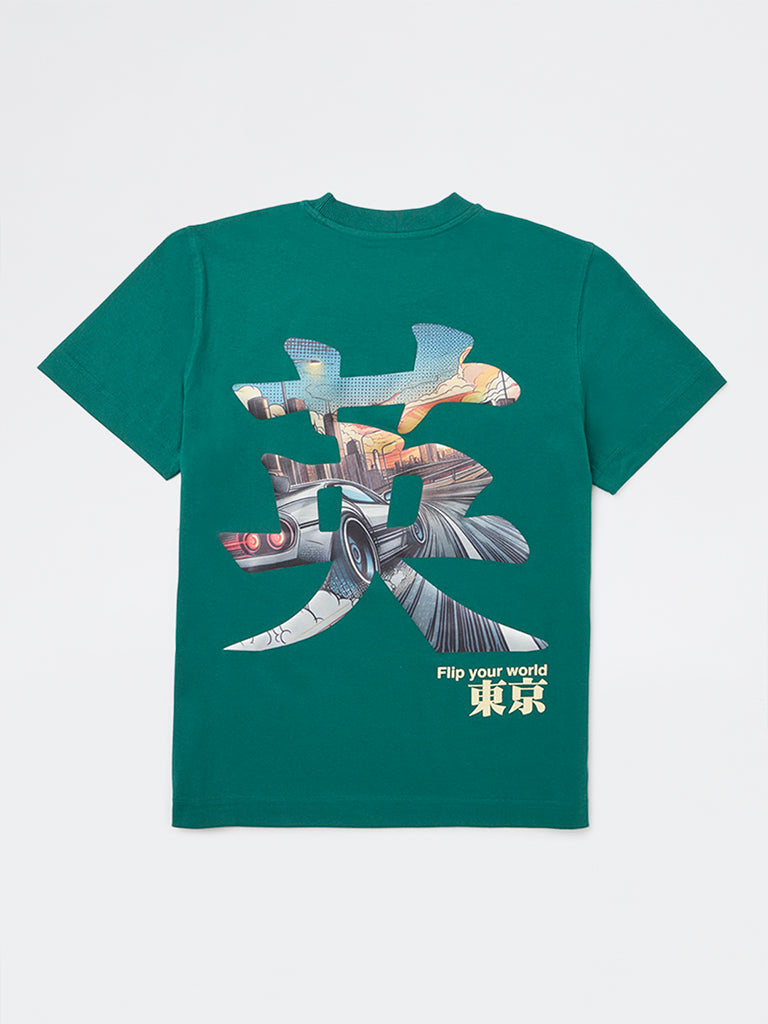 Y&F Kids Boys Green Graphic Printed Cotton T-Shirt