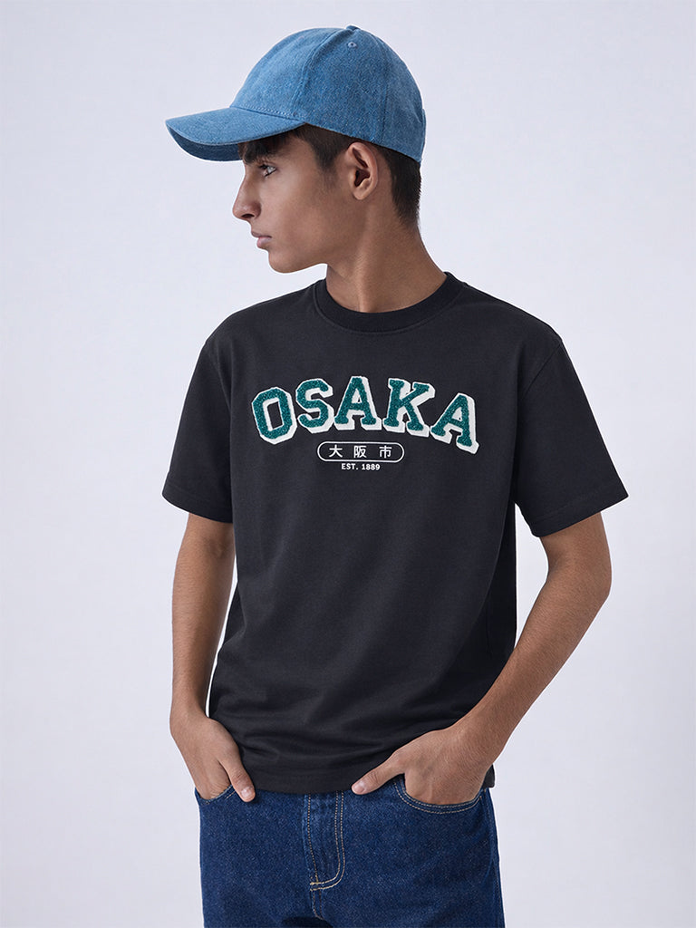 Y&F Kids Boys Black Text Detailed Cotton T-Shirt