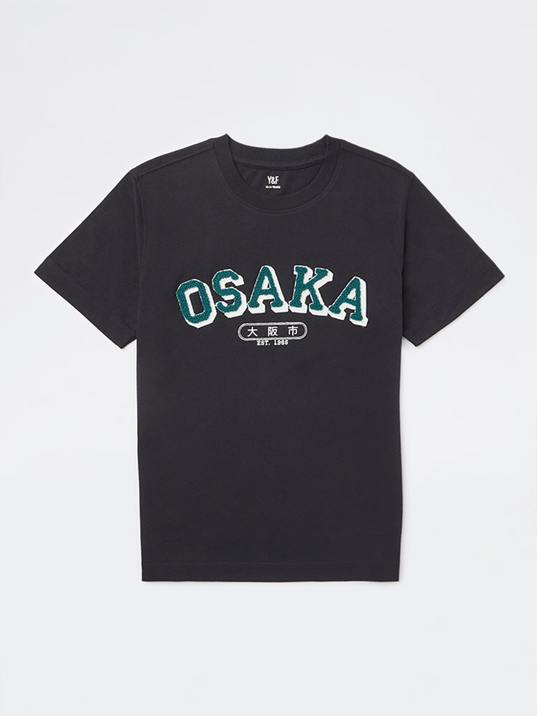 Y&F Kids Boys Black Text Detailed Cotton T-Shirt