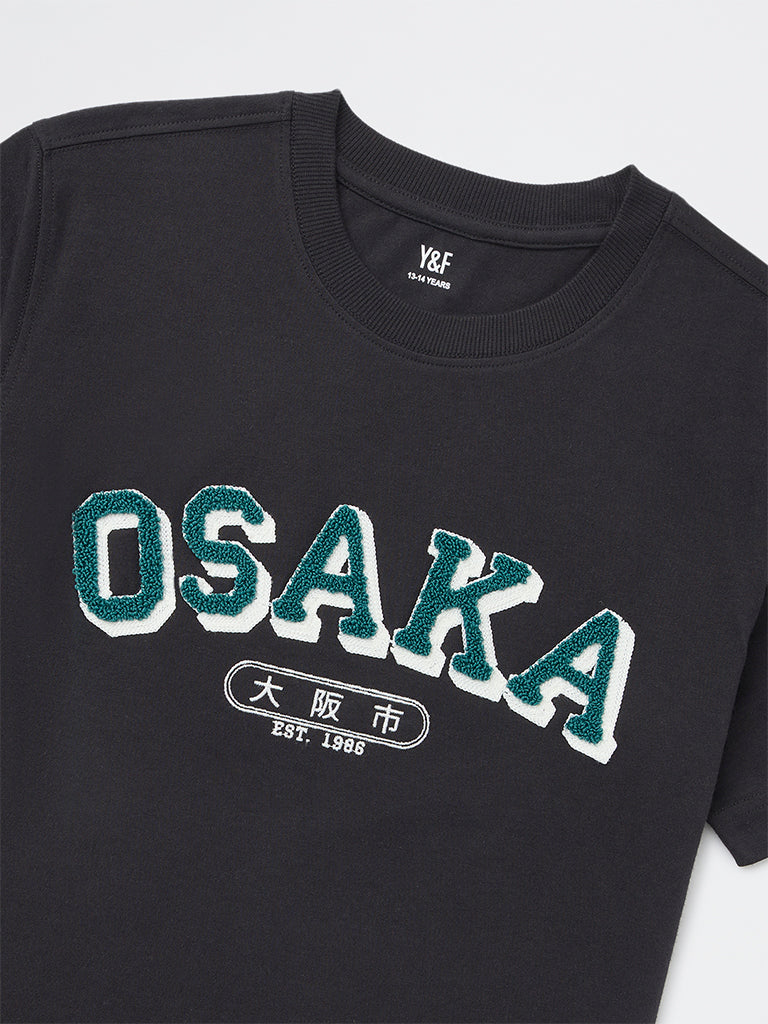 Y&F Kids Boys Black Text Detailed Cotton T-Shirt