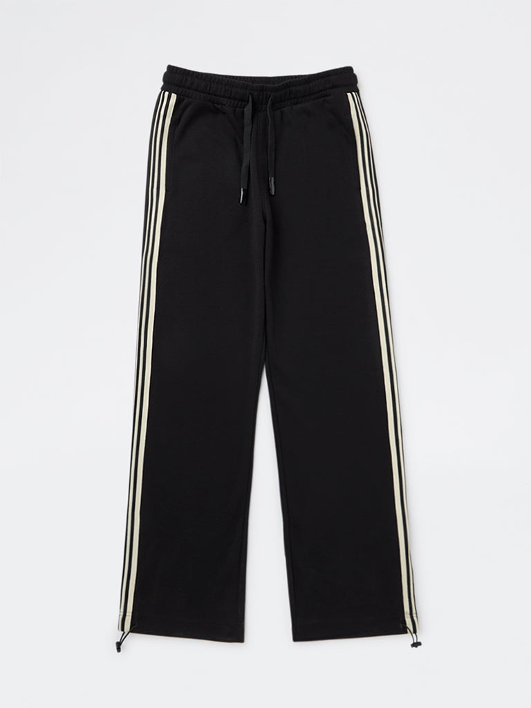 Y&F Kids Boys Black Striped Mid-Rise Cotton-Blend Track Pants