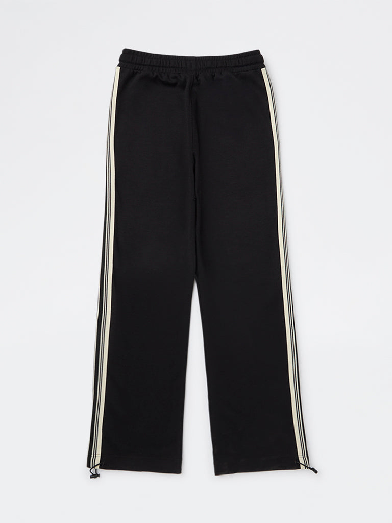 Y&F Kids Boys Black Striped Mid-Rise Cotton-Blend Track Pants