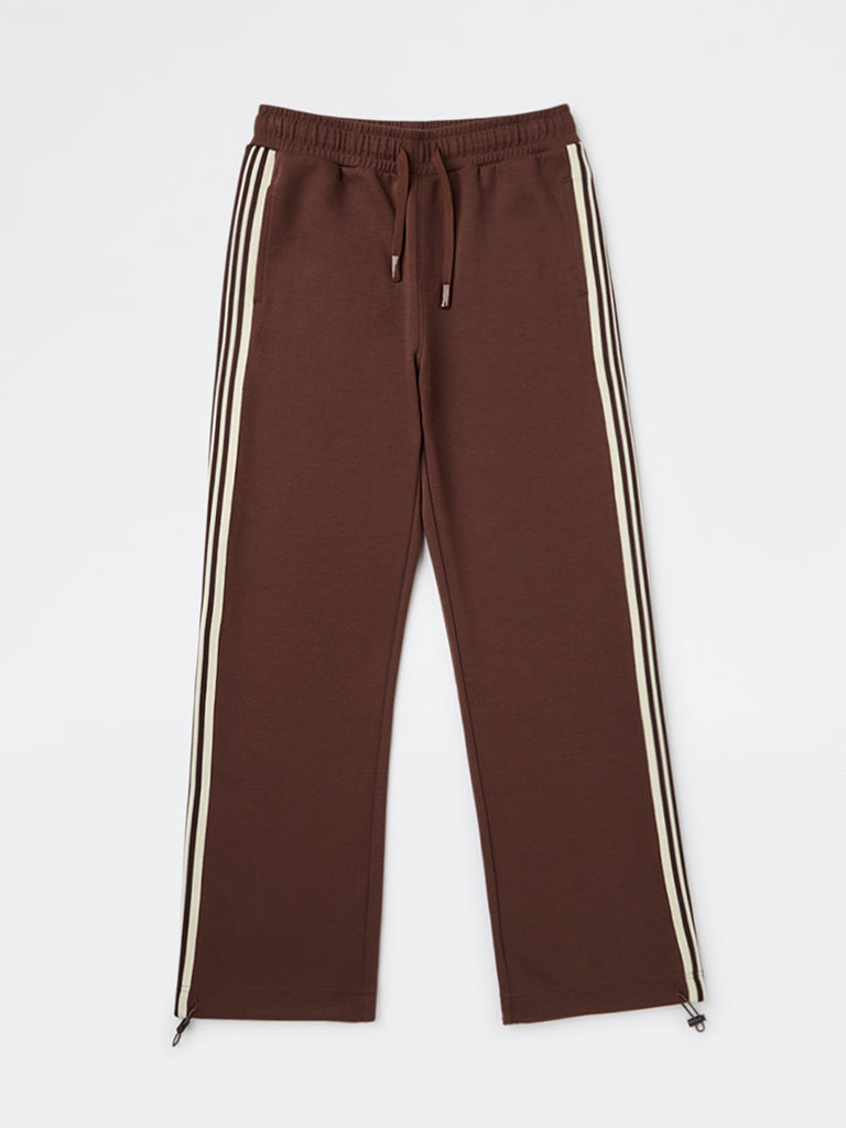 Y&F Kids Boys Brown Striped Mid-Rise Cotton-Blend Track Pants