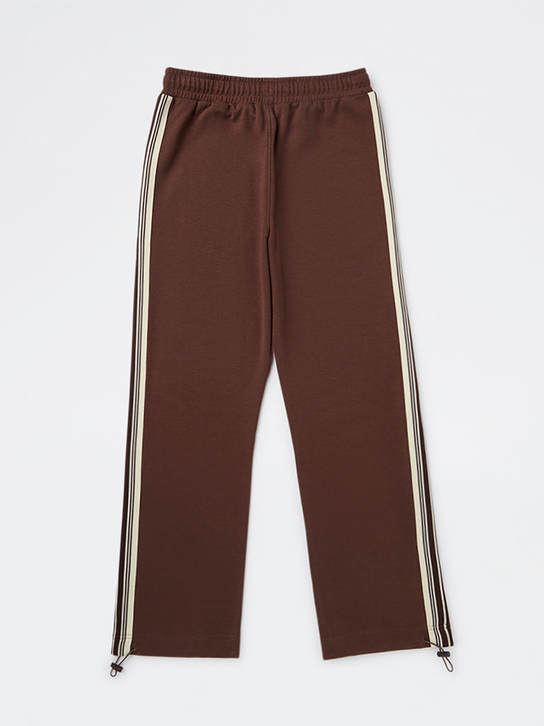 Y&F Kids Boys Brown Striped Mid-Rise Cotton-Blend Track Pants
