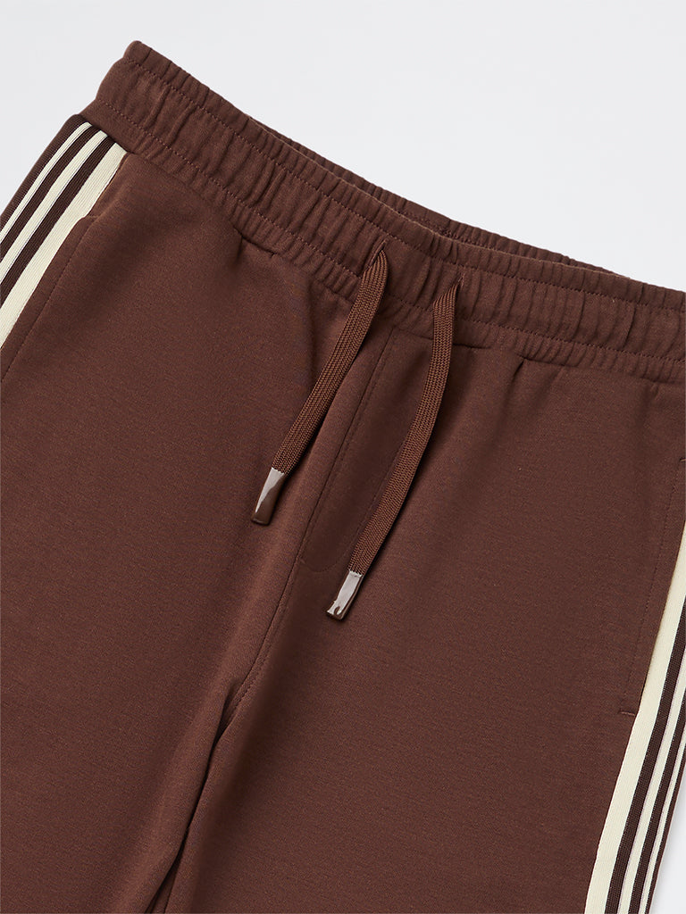 Y&F Kids Boys Brown Striped Mid-Rise Cotton-Blend Track Pants