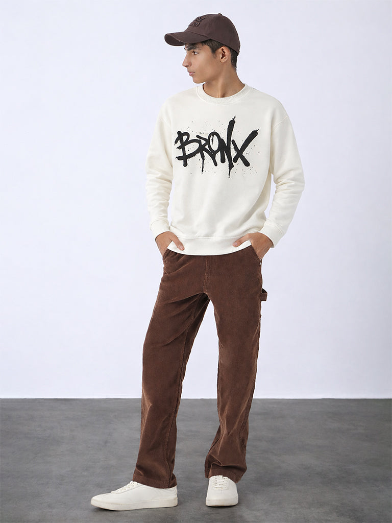Y&F Kids Boys Off-White Text Printed Cotton-Blend Sweatshirt