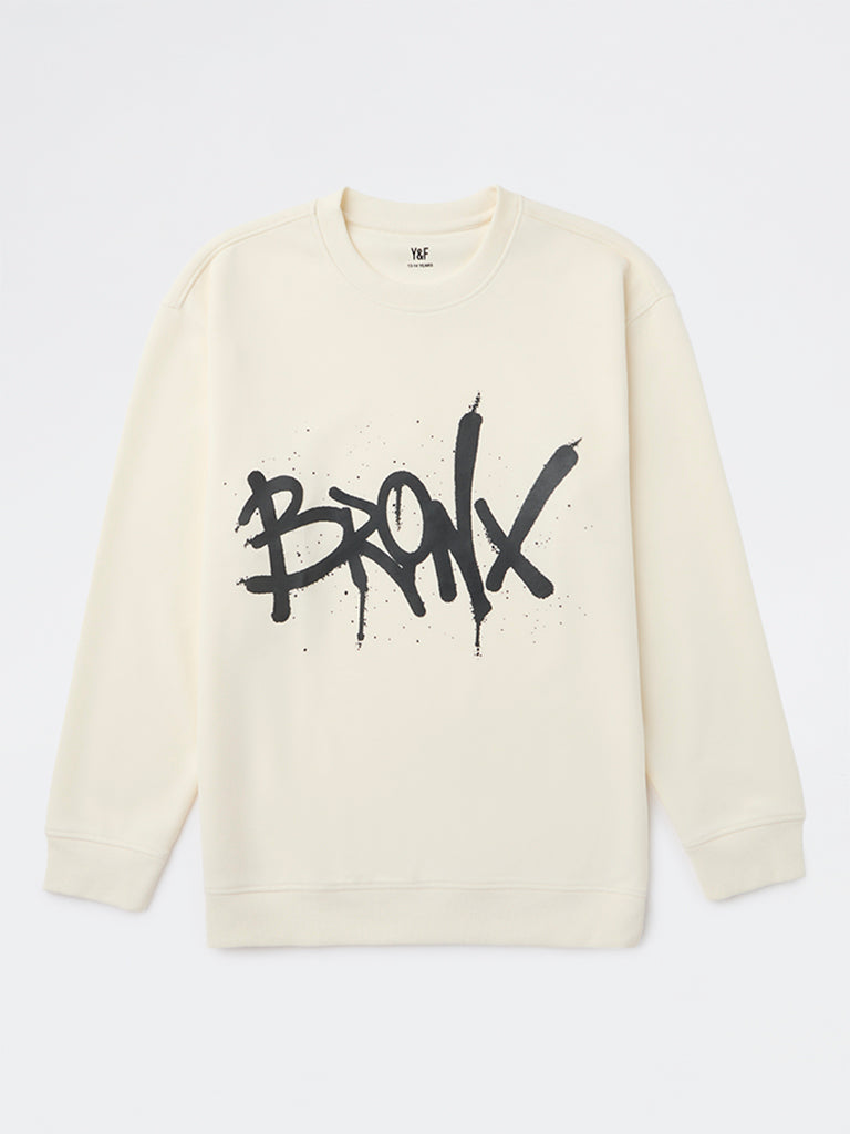 Y&F Kids Boys Off-White Text Printed Cotton-Blend Sweatshirt