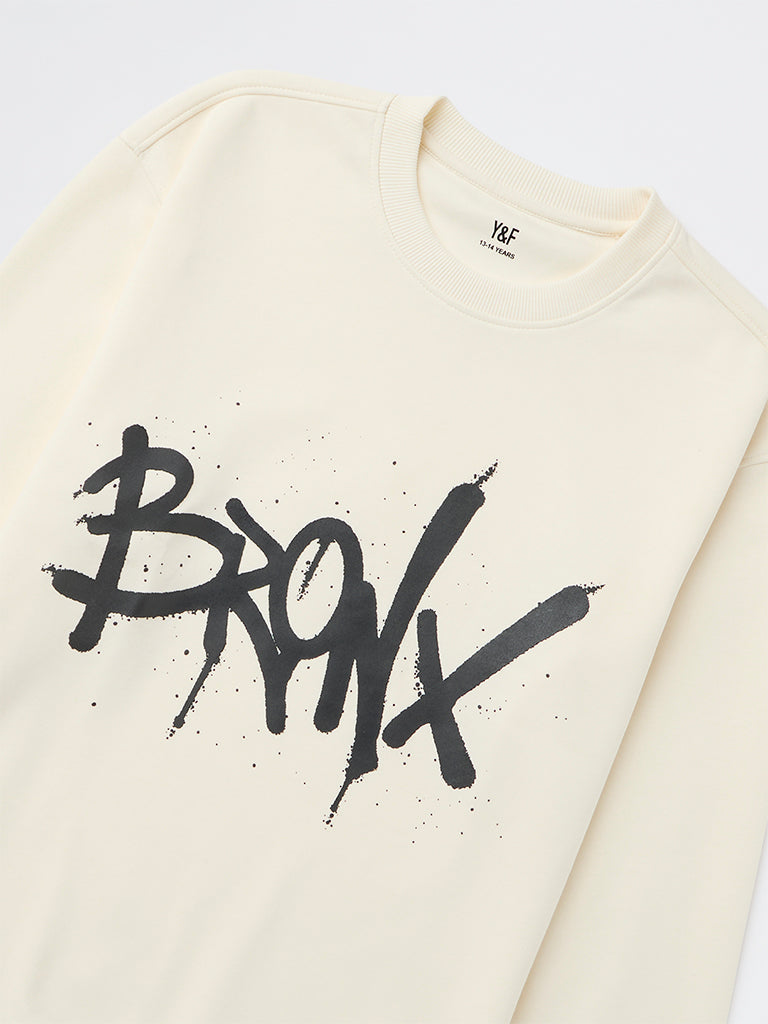 Y&F Kids Boys Off-White Text Printed Cotton-Blend Sweatshirt