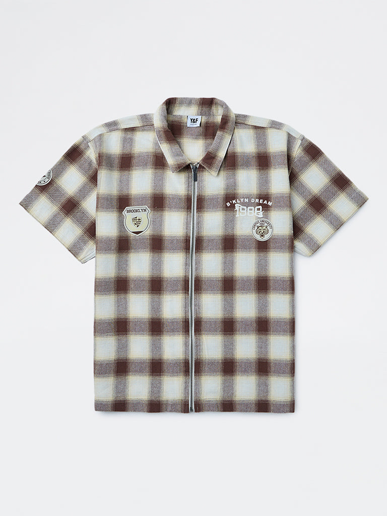 Y&F Kids Boys Brown Checkered Cotton Shirt