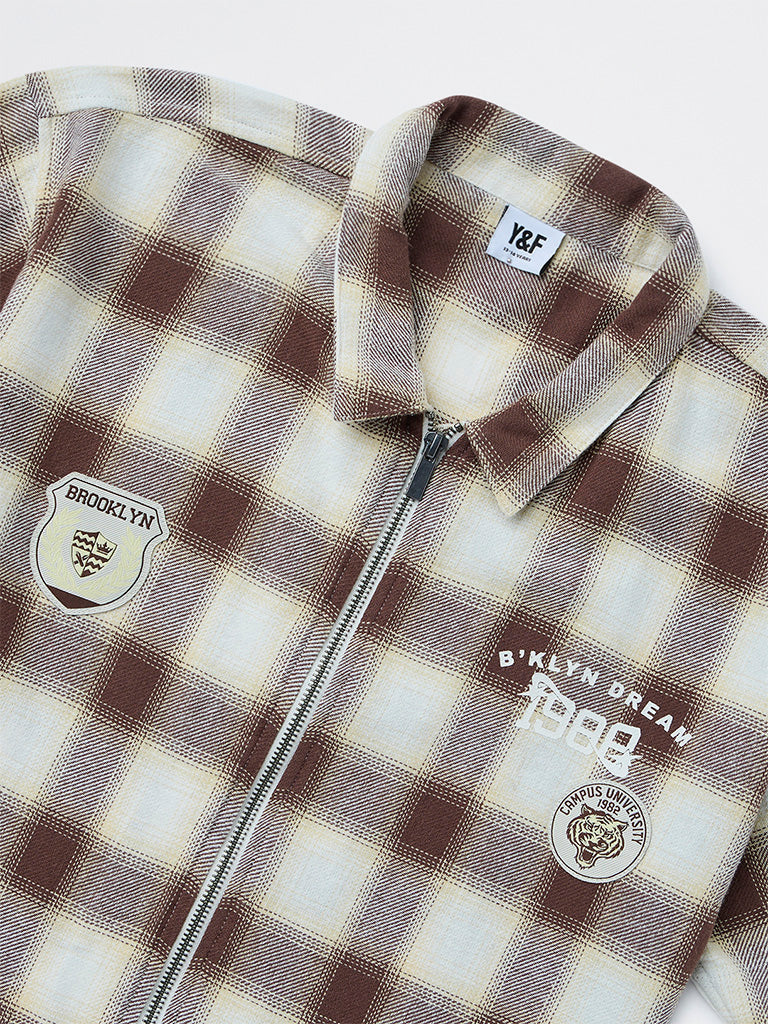 Y&F Kids Boys Brown Checkered Cotton Shirt