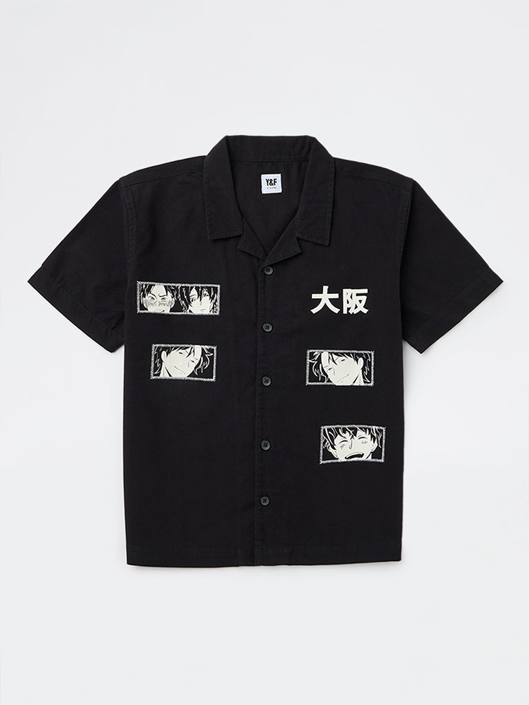 Y&F Kids Boys Black Printed Cotton Shirt