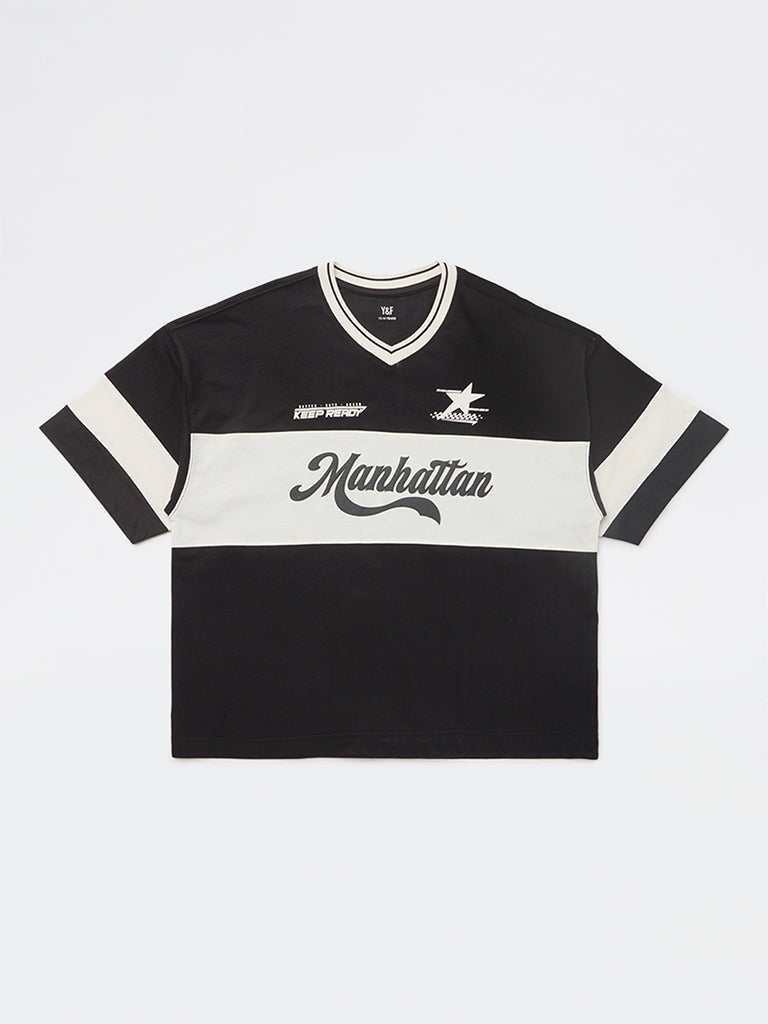 Y&F Kids Boys Black Text Design Cotton T-Shirt