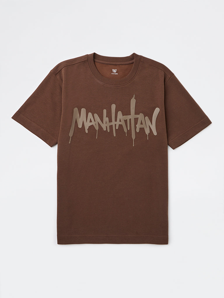 Y&F Kids Boys Brown Printed Cotton-Blend T-Shirt
