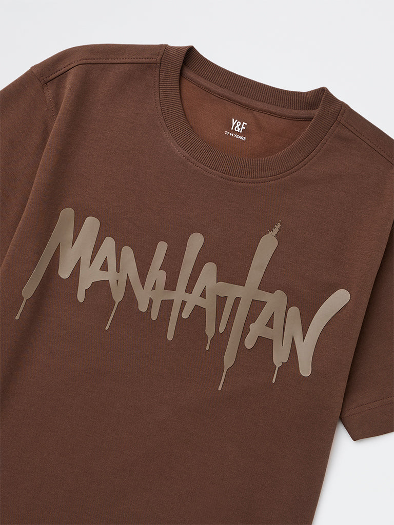 Y&F Kids Boys Brown Printed Cotton-Blend T-Shirt
