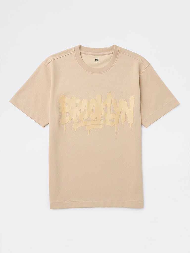 Y&F Kids Boys Cream Printed Cotton-Blend T-Shirt