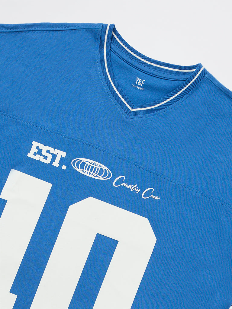Y&F Kids Boys Blue Printed Cotton T-Shirt
