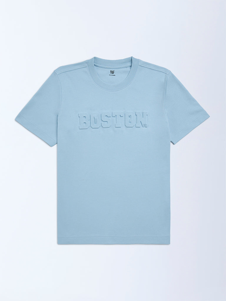 Y&F Kids Boys Blue Text Embossed Cotton T-Shirt