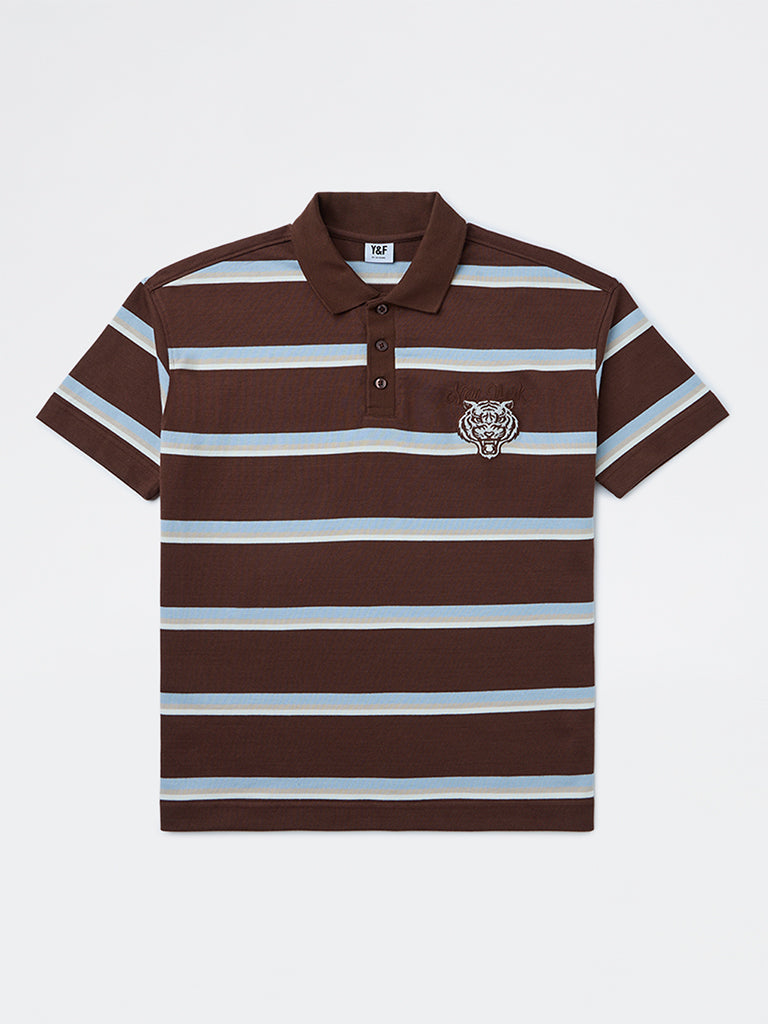 Y&F Kids Boys Brown Striped Cotton Polo T-Shirt