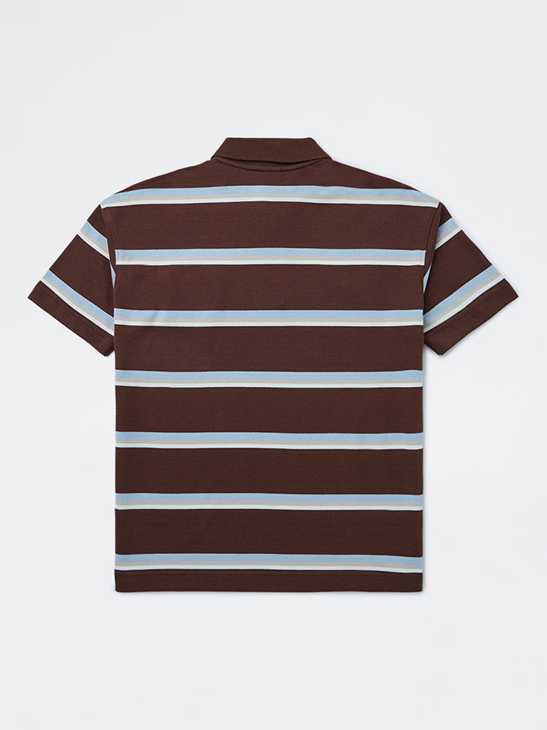 Y&F Kids Boys Brown Striped Cotton Polo T-Shirt