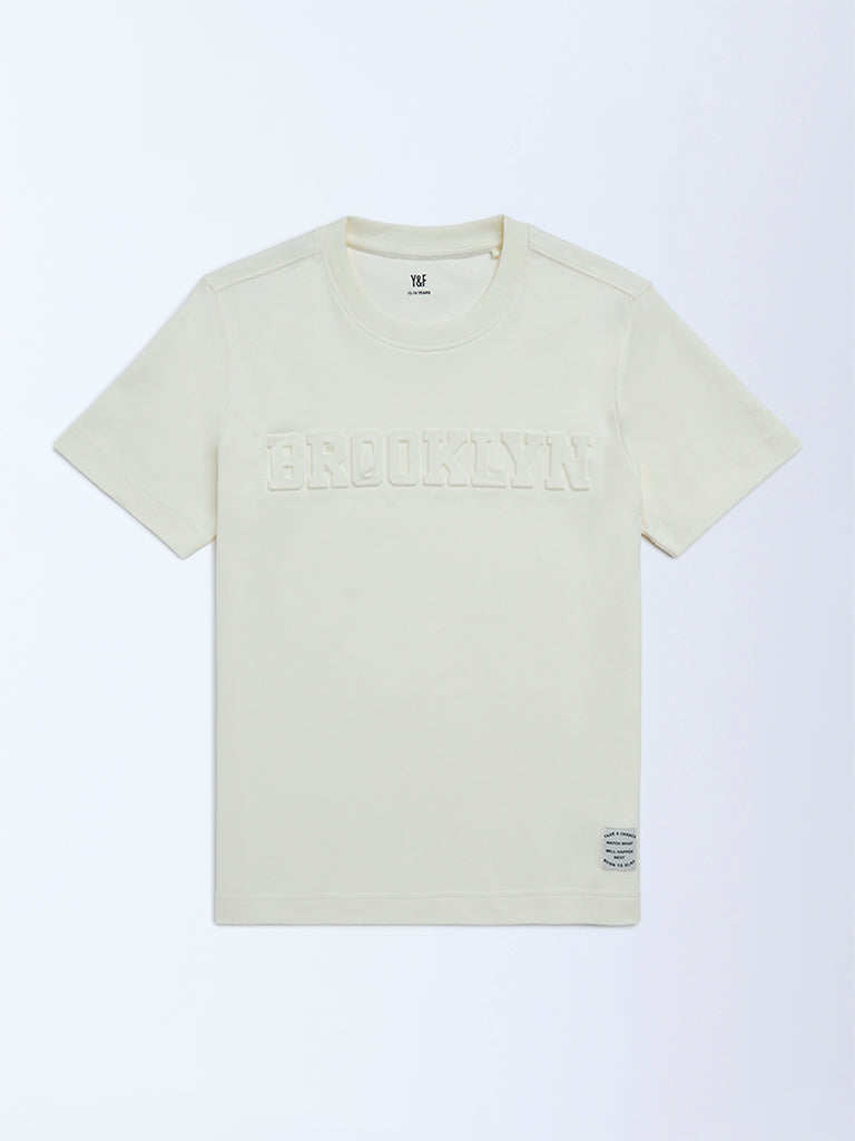Y&F Kids Boys Off-White Text Embossed Cotton T-Shirt