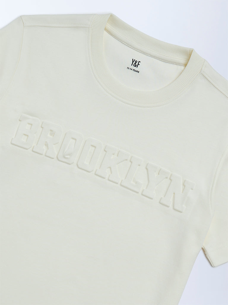 Y&F Kids Boys Off-White Text Embossed Cotton T-Shirt