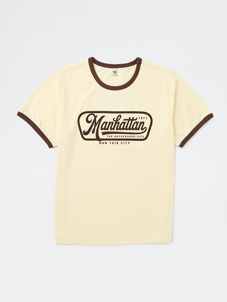 Y&F Kids Boys Yellow Typographic Cotton T-Shirt