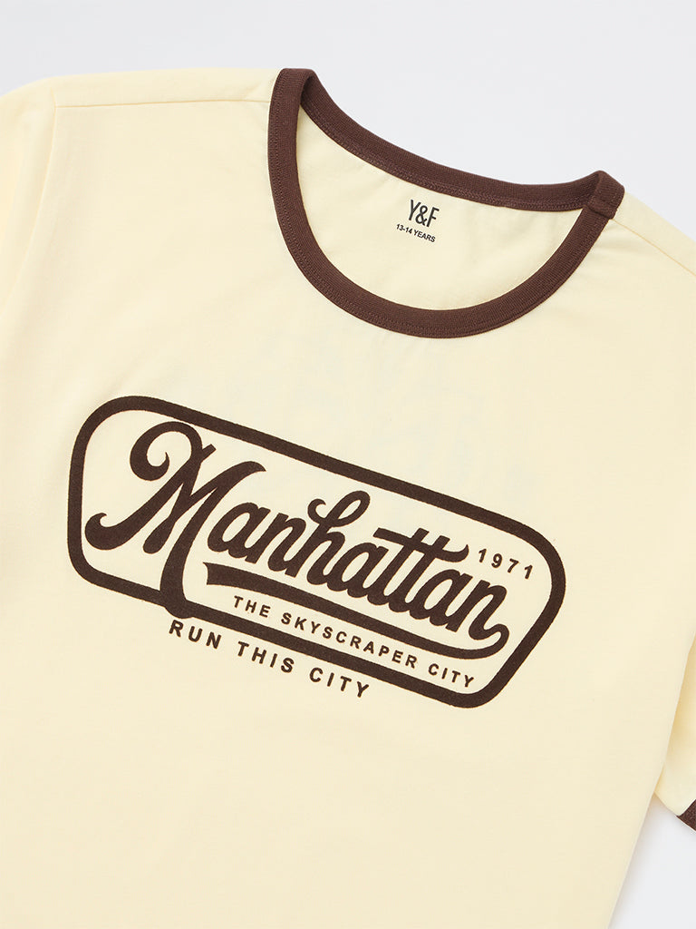 Y&F Kids Boys Yellow Typographic Cotton T-Shirt