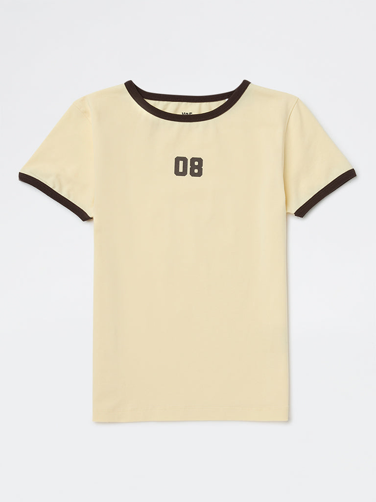 Y&F Kids Girls Cream Printed Cotton-Blend T-Shirt