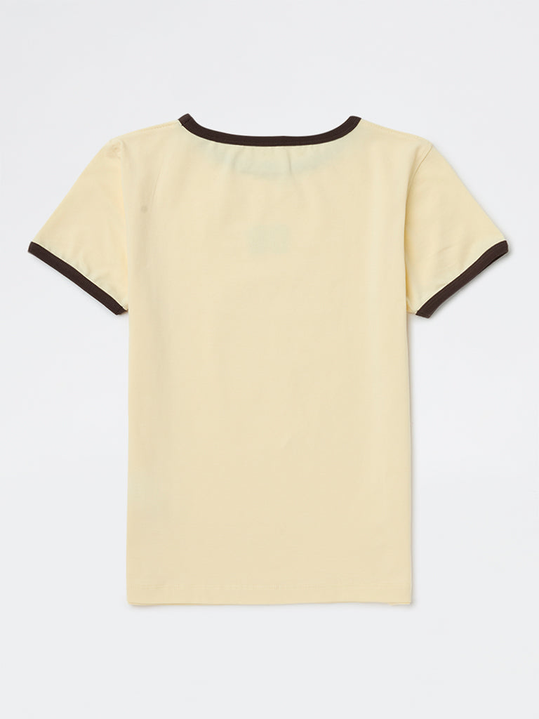 Y&F Kids Girls Cream Printed Cotton-Blend T-Shirt