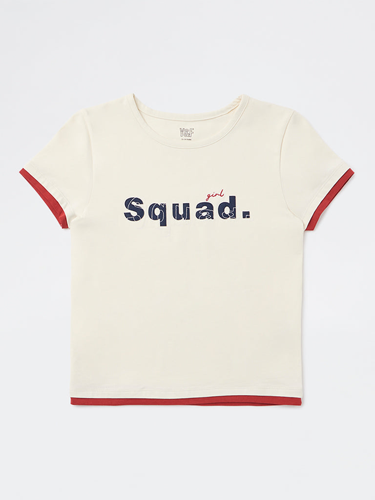 Y&F Kids Girls Off-White Text Design Cotton-Blend T-Shirt