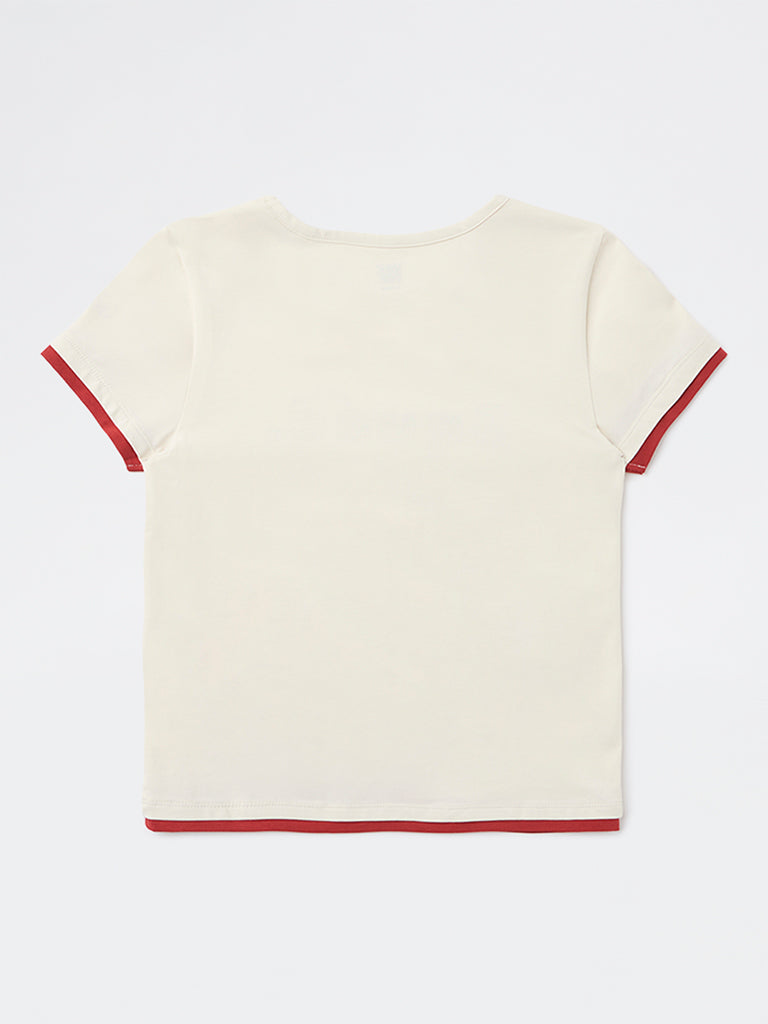 Y&F Kids Girls Off-White Text Design Cotton-Blend T-Shirt